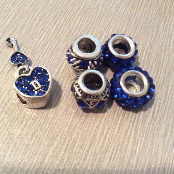 🍒 5PC DARK BLUE BEAD CHARMS HEART KEY NECKLACE NAVY WIDE HOLE SPARKLE DIAMOND - Picture 2 of 7